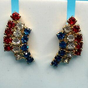 VTG Red White &  Blue Rhinestone Clip On Gold Tone Patriotic USA Earrings